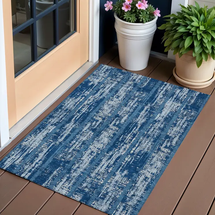 3' X 5' Blue And Ivory Striped Washable Indoor Outdoor Area Rug