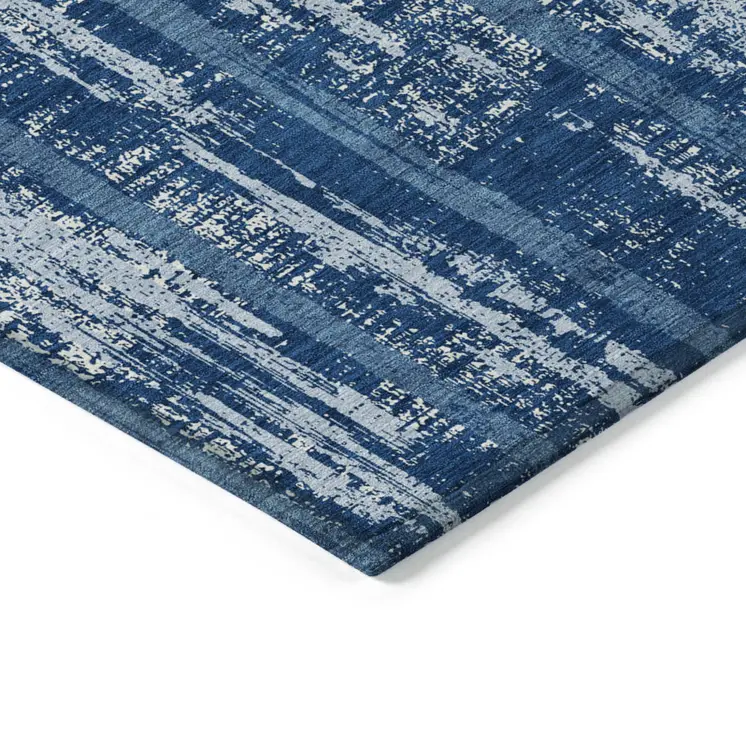 3' X 5' Blue And Ivory Striped Washable Indoor Outdoor Area Rug