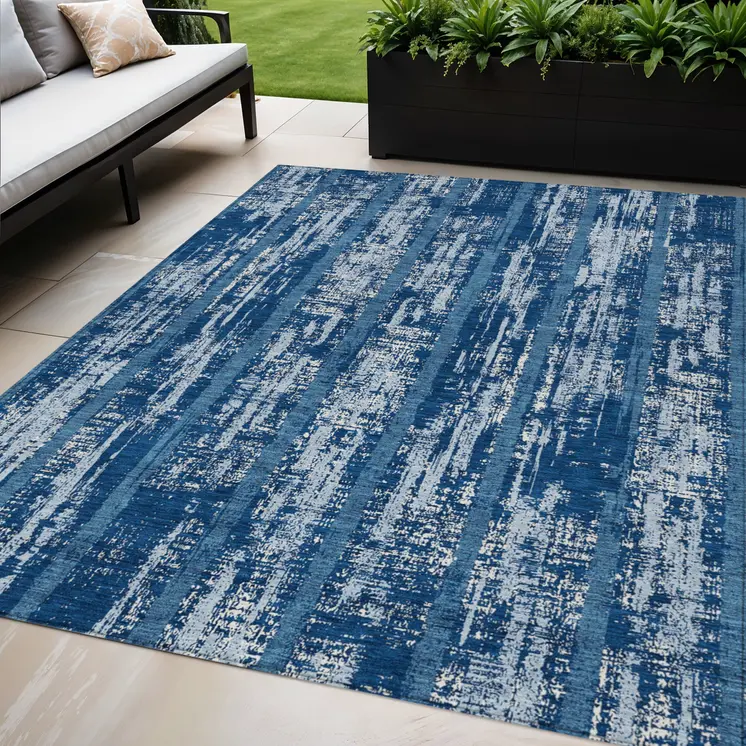 5' X 8' Blue And Ivory Striped Washable Indoor Outdoor Area Rug