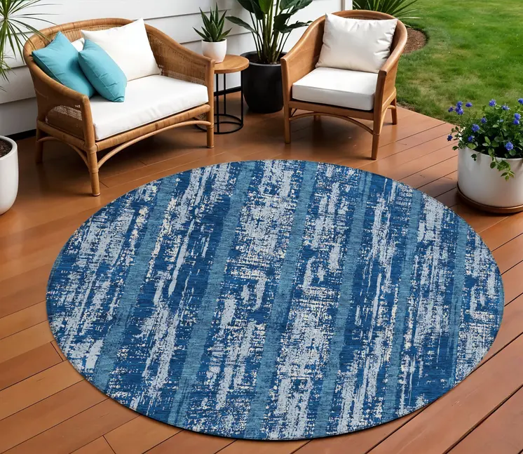 8' Blue And Ivory Round Striped Washable Indoor Outdoor Area Rug