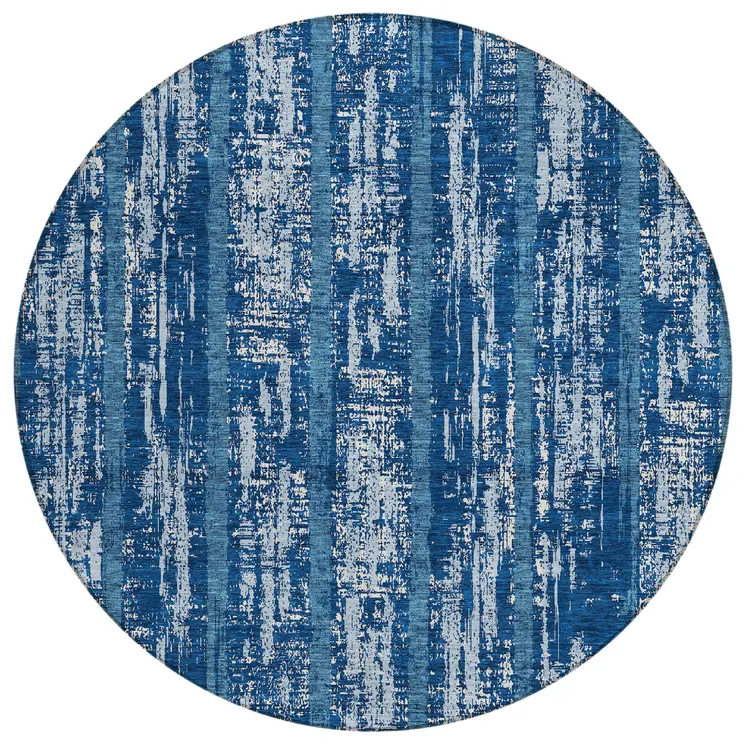 8' Blue And Ivory Round Striped Washable Indoor Outdoor Area Rug