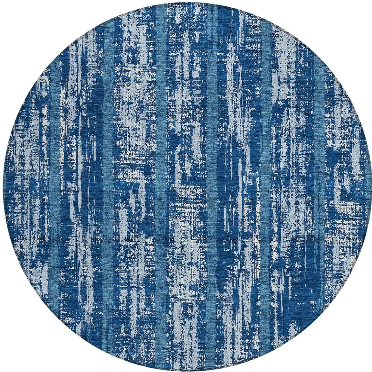 8' Blue And Ivory Round Striped Washable Indoor Outdoor Area Rug