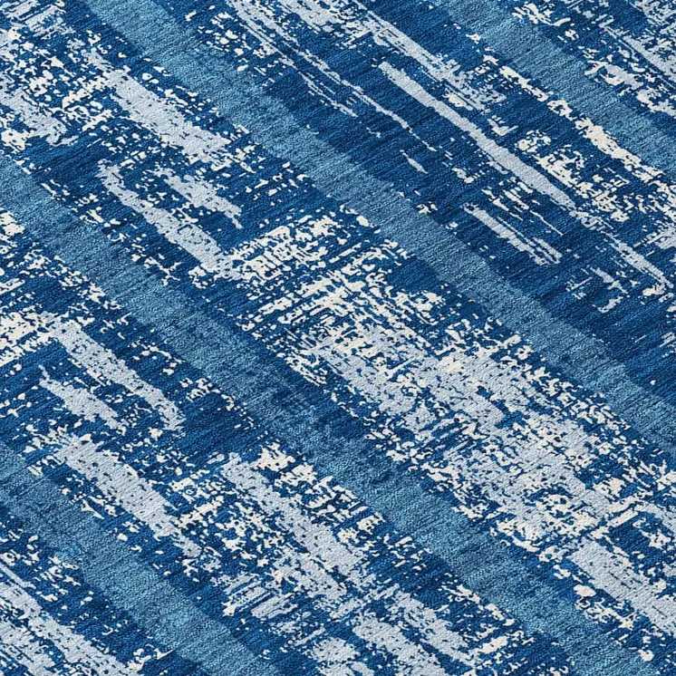 8' Blue And Ivory Round Striped Washable Indoor Outdoor Area Rug
