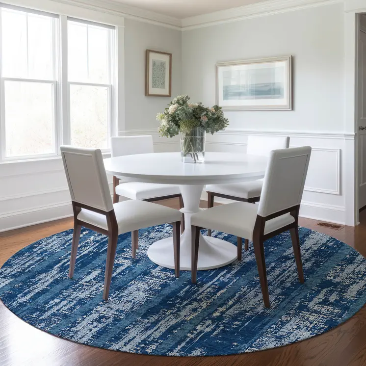 8' Blue And Ivory Round Striped Washable Indoor Outdoor Area Rug