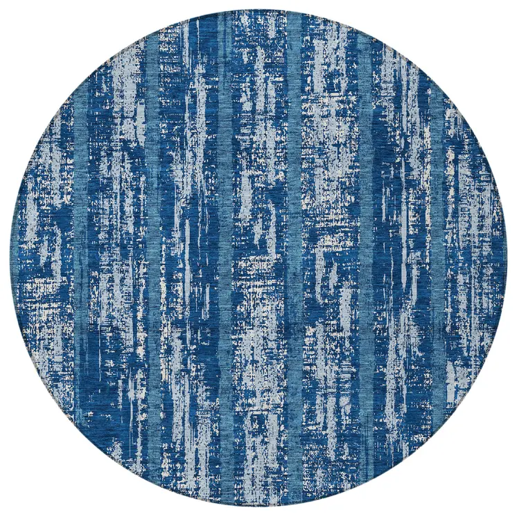 8' Blue And Ivory Round Striped Washable Indoor Outdoor Area Rug