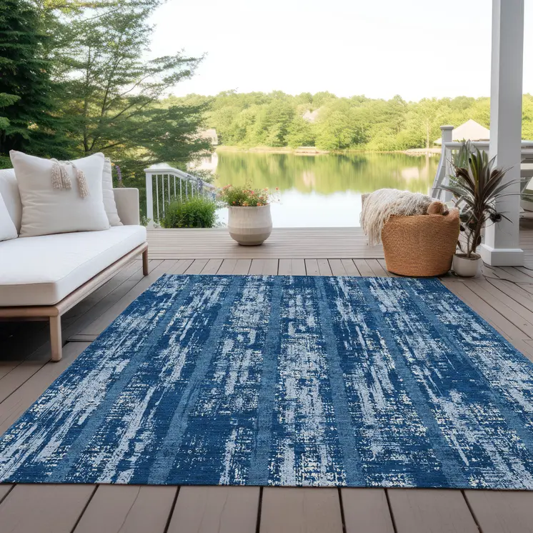 8' X 10' Blue And Ivory Striped Washable Indoor Outdoor Area Rug