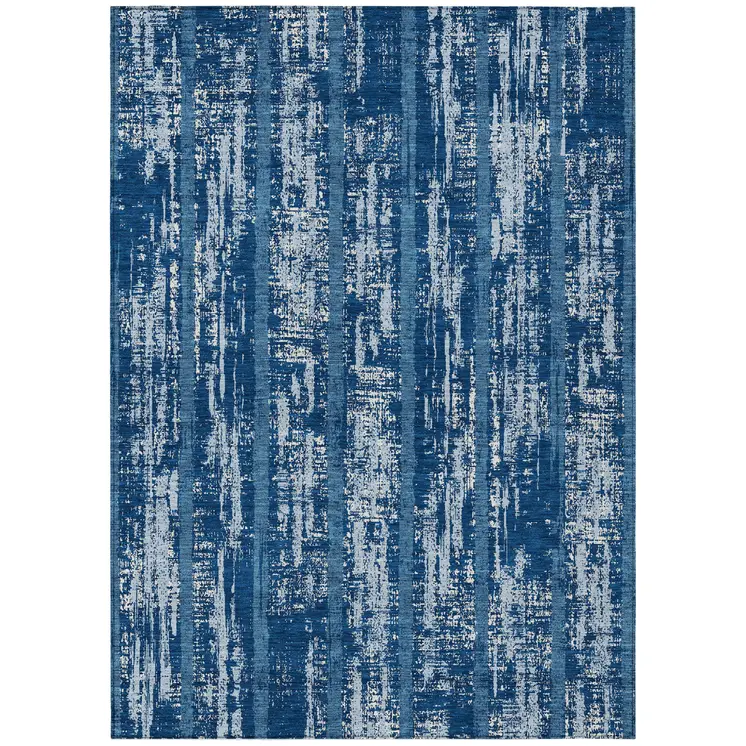 8' X 10' Blue And Ivory Striped Washable Indoor Outdoor Area Rug