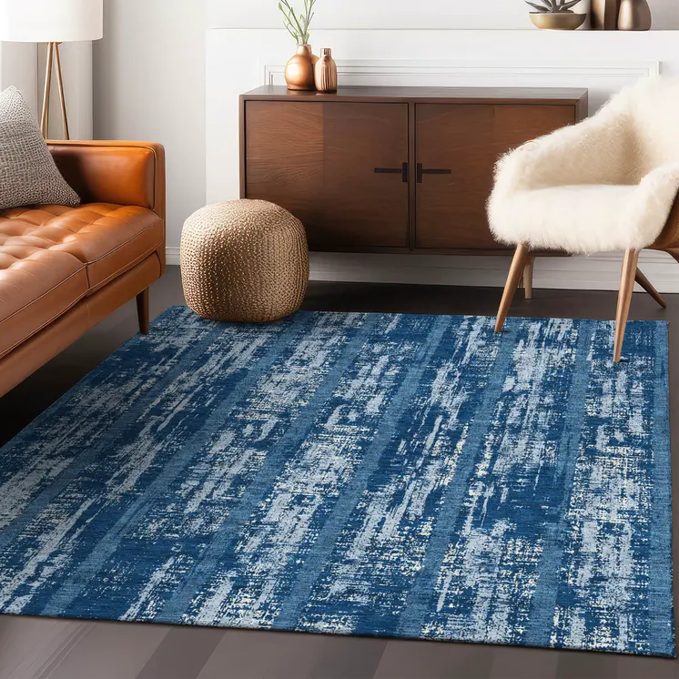 9' X 12' Blue And Ivory Striped Washable Indoor Outdoor Area Rug