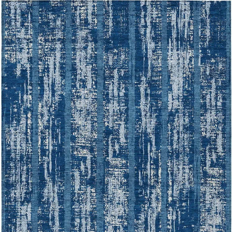 10' X 14' Blue And Ivory Striped Washable Indoor Outdoor Area Rug