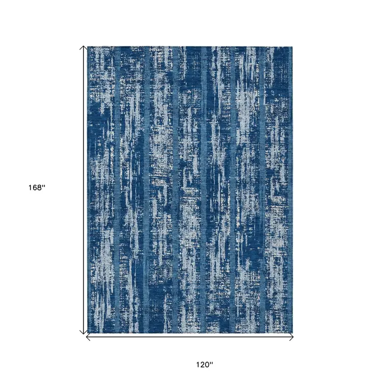 10' X 14' Blue And Ivory Striped Washable Indoor Outdoor Area Rug