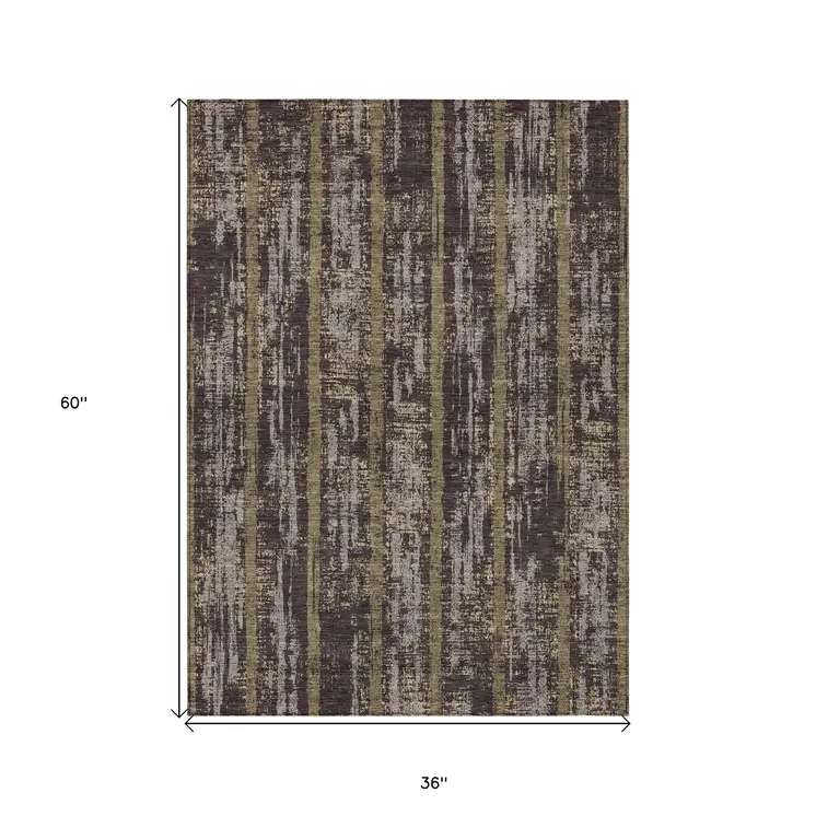 3' X 5' Chocolate And Beige Striped Washable Indoor Outdoor Area Rug
