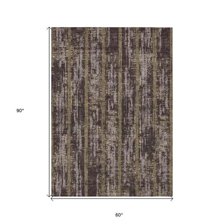 5' X 8' Chocolate And Beige Striped Washable Indoor Outdoor Area Rug