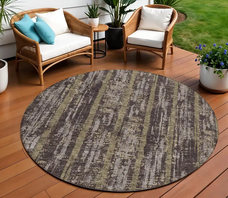 8' Chocolate And Beige Round Striped Washable Indoor Outdoor Area Rug