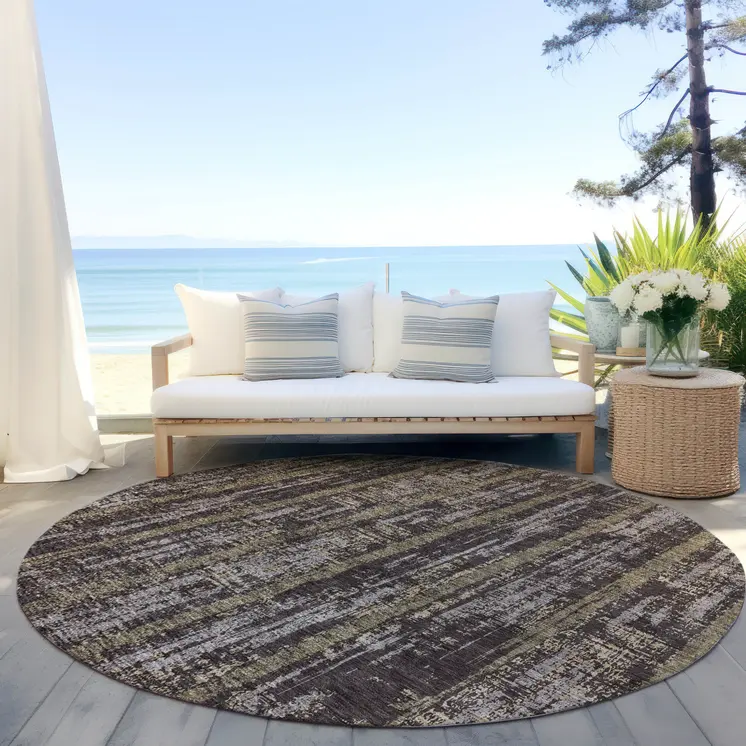8' Chocolate And Beige Round Striped Washable Indoor Outdoor Area Rug
