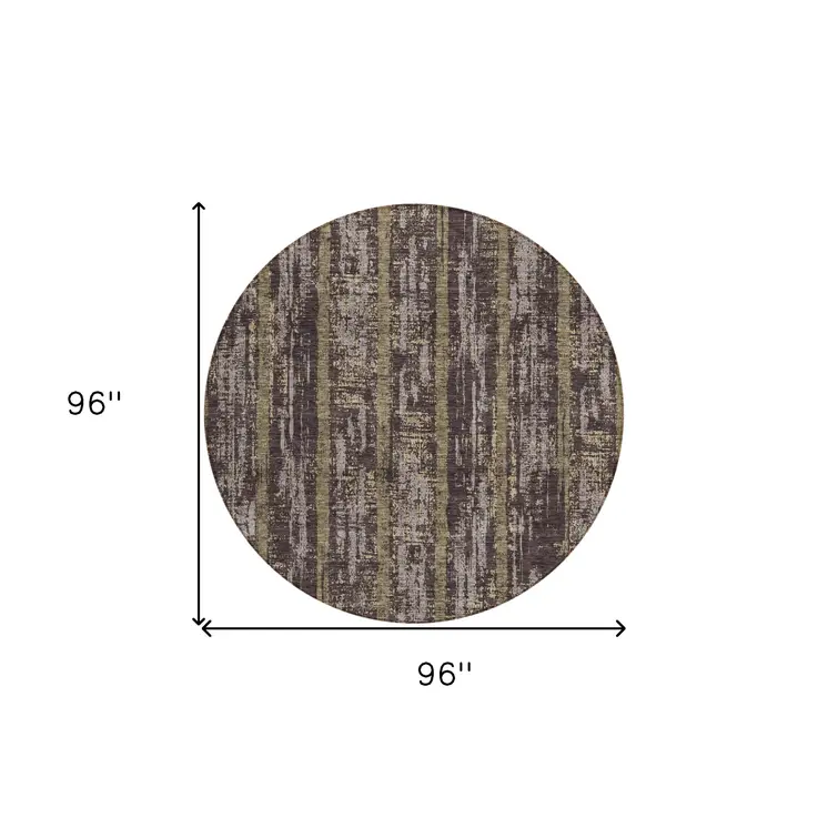 8' Chocolate And Beige Round Striped Washable Indoor Outdoor Area Rug