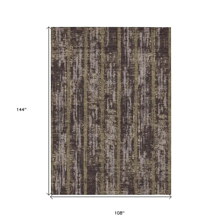 9' X 12' Chocolate And Beige Striped Washable Indoor Outdoor Area Rug
