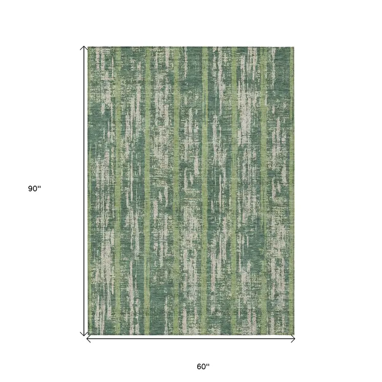 5' X 8' Green And Ivory Striped Washable Indoor Outdoor Area Rug
