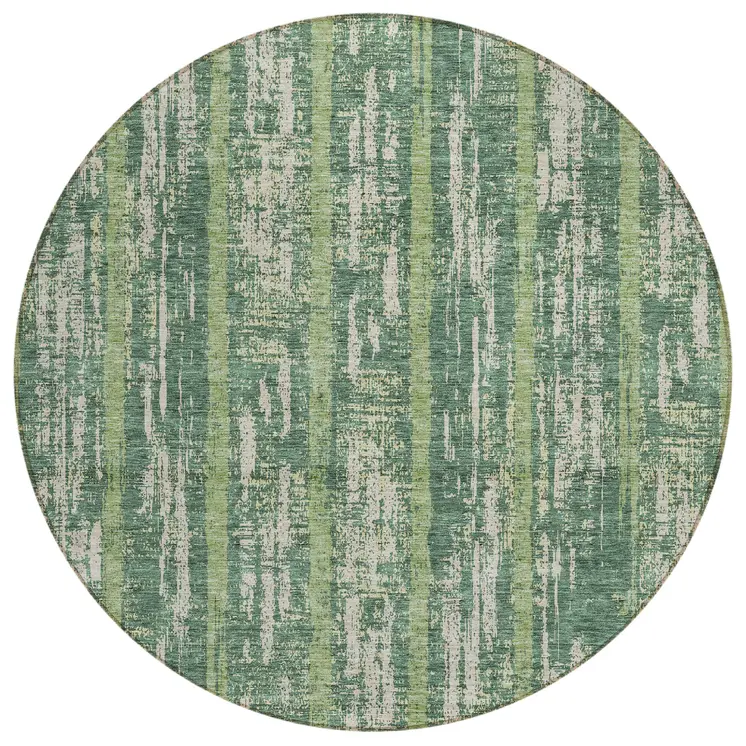 8' Green And Ivory Round Striped Washable Indoor Outdoor Area Rug