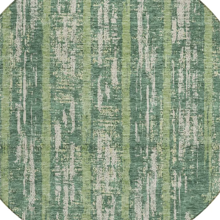 8' Green And Ivory Round Striped Washable Indoor Outdoor Area Rug