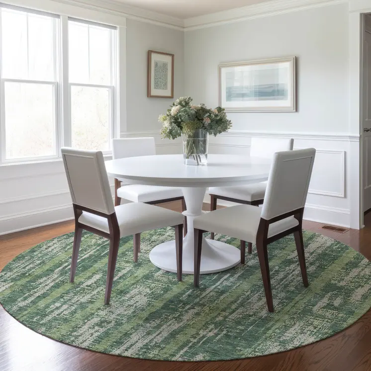 8' Green And Ivory Round Striped Washable Indoor Outdoor Area Rug