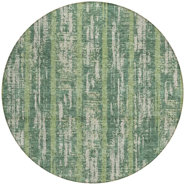 8' Green And Ivory Round Striped Washable Indoor Outdoor Area Rug