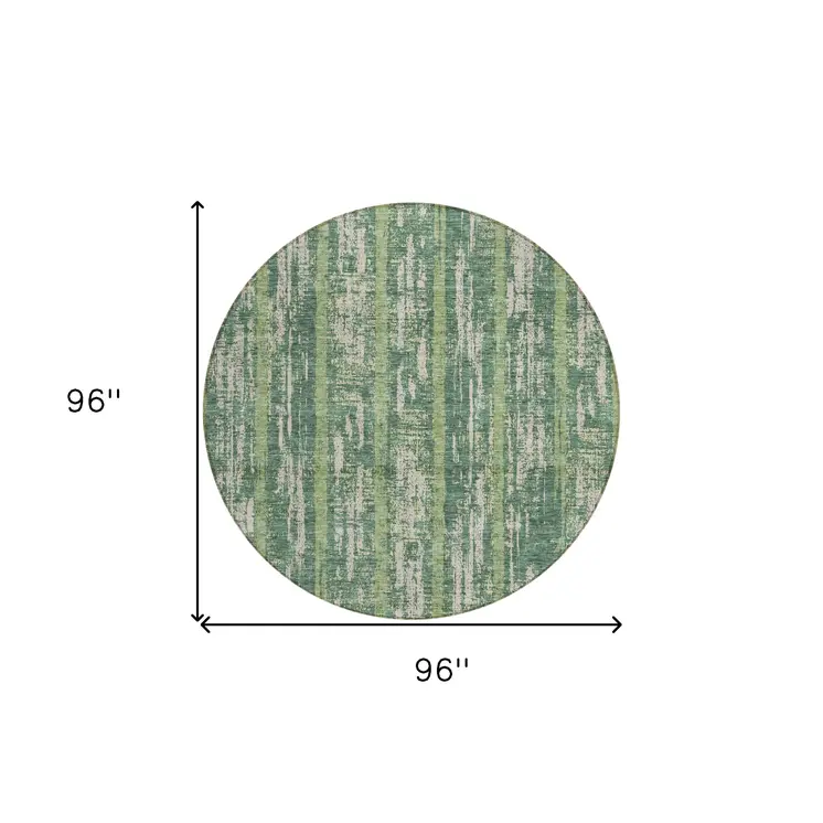 8' Green And Ivory Round Striped Washable Indoor Outdoor Area Rug