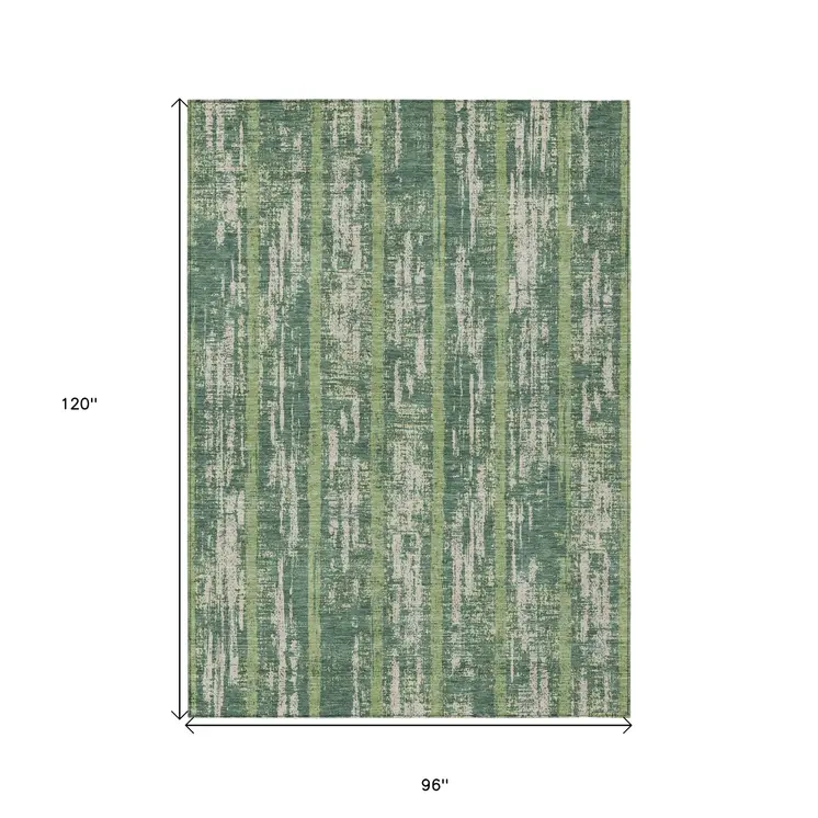 8' X 10' Green And Ivory Striped Washable Indoor Outdoor Area Rug