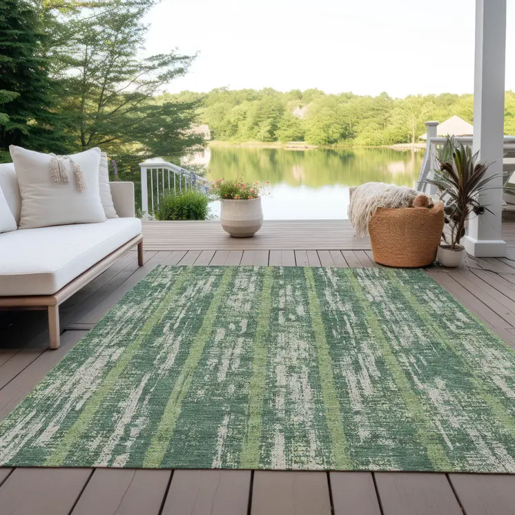 8' X 10' Green And Ivory Striped Washable Indoor Outdoor Area Rug