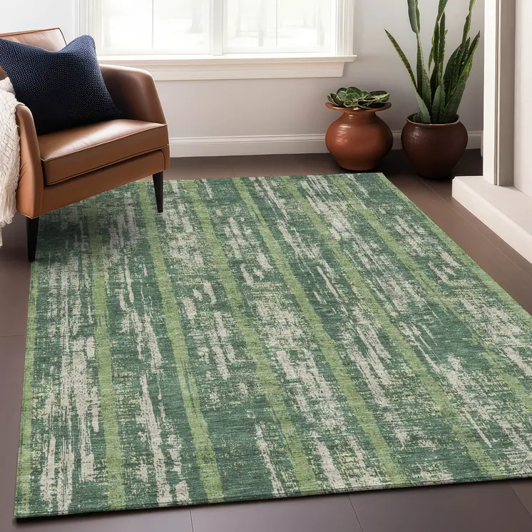 8' X 10' Green And Ivory Striped Washable Indoor Outdoor Area Rug