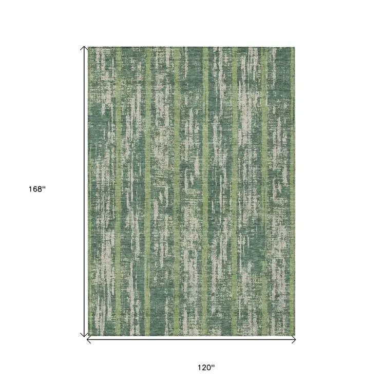 10' X 14' Green And Ivory Striped Washable Indoor Outdoor Area Rug