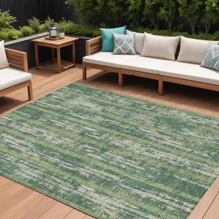 10' X 14' Green And Ivory Striped Washable Indoor Outdoor Area Rug