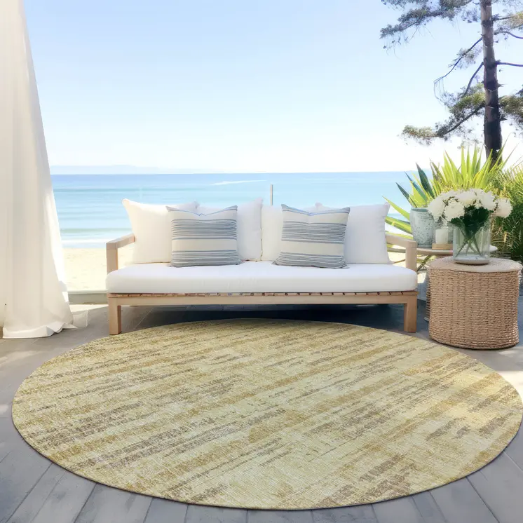 8' Gold And Brown Round Striped Washable Indoor Outdoor Area Rug
