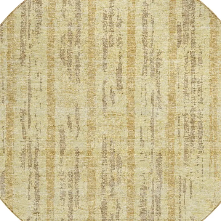 8' Gold And Brown Round Striped Washable Indoor Outdoor Area Rug