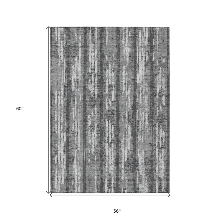 3' X 5' Gray And Ivory Striped Washable Indoor Outdoor Area Rug