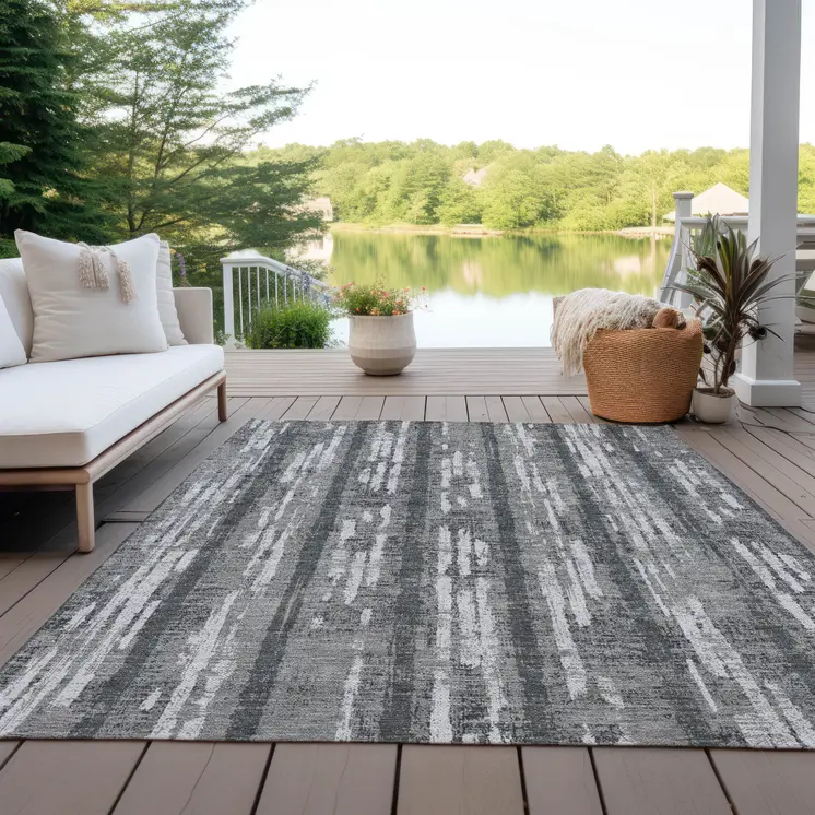 3' X 5' Gray And Ivory Striped Washable Indoor Outdoor Area Rug
