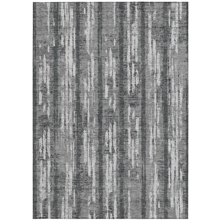 5' X 8' Gray And Ivory Striped Washable Indoor Outdoor Area Rug