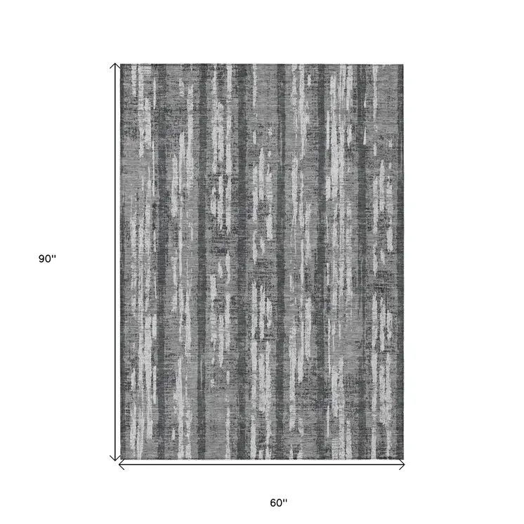 5' X 8' Gray And Ivory Striped Washable Indoor Outdoor Area Rug