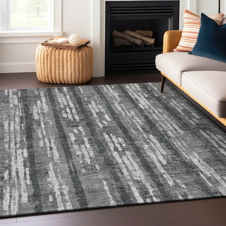 5' X 8' Gray And Ivory Striped Washable Indoor Outdoor Area Rug