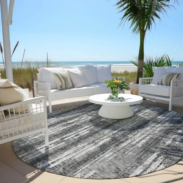 8' Gray And Ivory Round Striped Washable Indoor Outdoor Area Rug