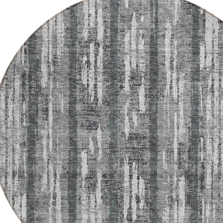 8' Gray And Ivory Round Striped Washable Indoor Outdoor Area Rug