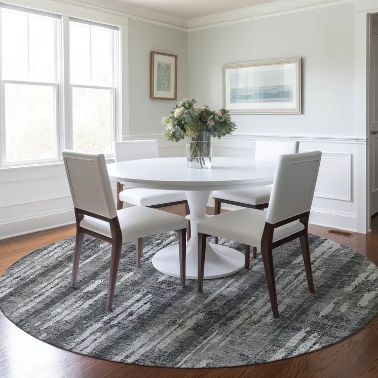 8' Gray And Ivory Round Striped Washable Indoor Outdoor Area Rug