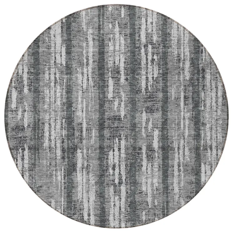 8' Gray And Ivory Round Striped Washable Indoor Outdoor Area Rug