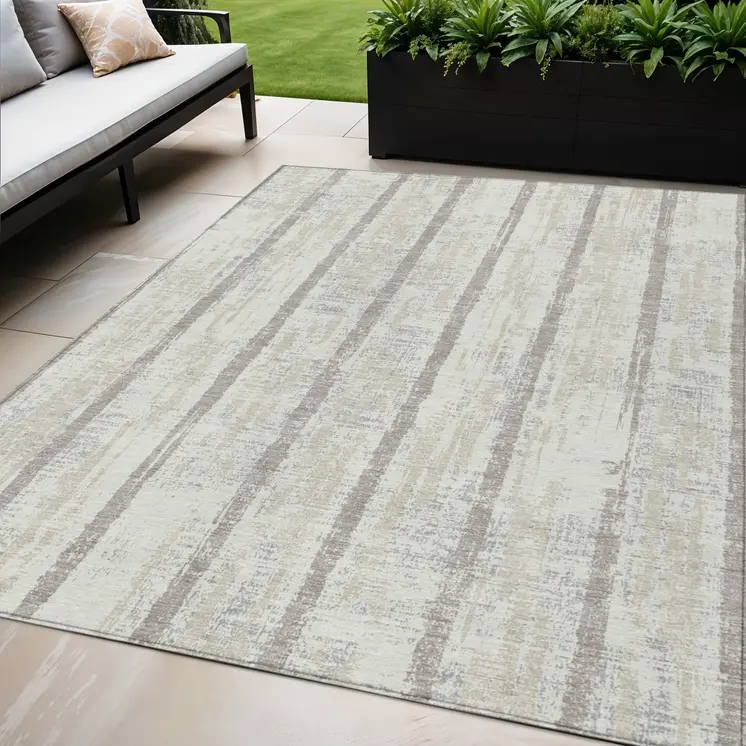 5' X 8' Ivory And Brown Striped Washable Indoor Outdoor Area Rug