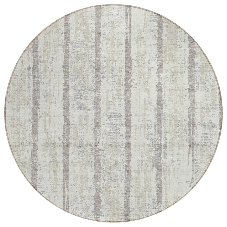 8' Ivory And Brown Round Striped Washable Indoor Outdoor Area Rug