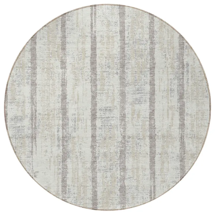 8' Ivory And Brown Round Striped Washable Indoor Outdoor Area Rug
