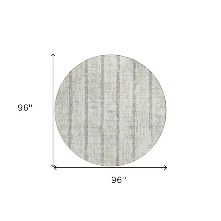 8' Ivory And Brown Round Striped Washable Indoor Outdoor Area Rug