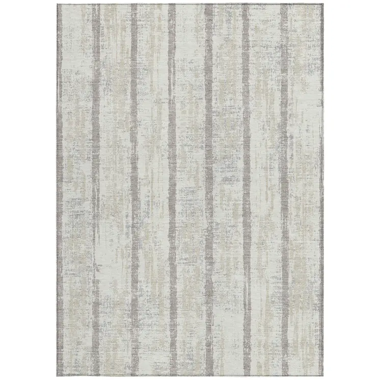 8' X 10' Ivory And Brown Striped Washable Indoor Outdoor Area Rug