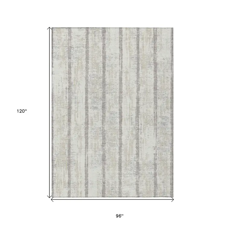 8' X 10' Ivory And Brown Striped Washable Indoor Outdoor Area Rug