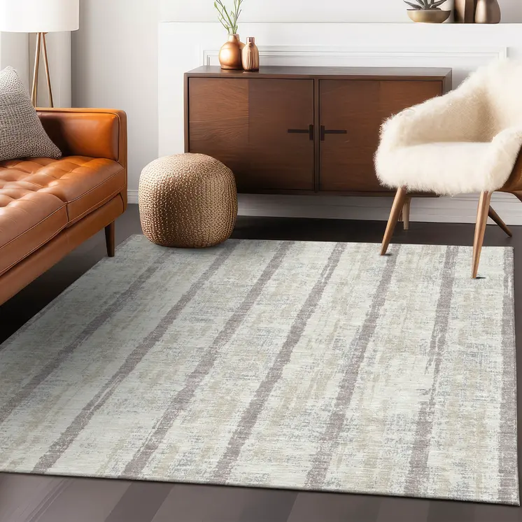 8' X 10' Ivory And Brown Striped Washable Indoor Outdoor Area Rug