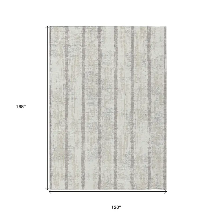 10' X 14' Ivory And Brown Striped Washable Indoor Outdoor Area Rug